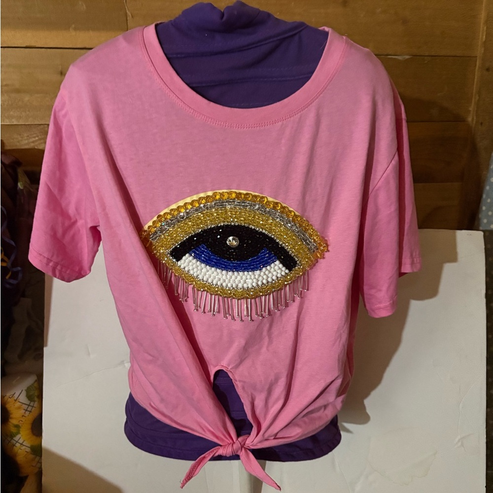 Pink T-Shirt with Beaded Eye Design